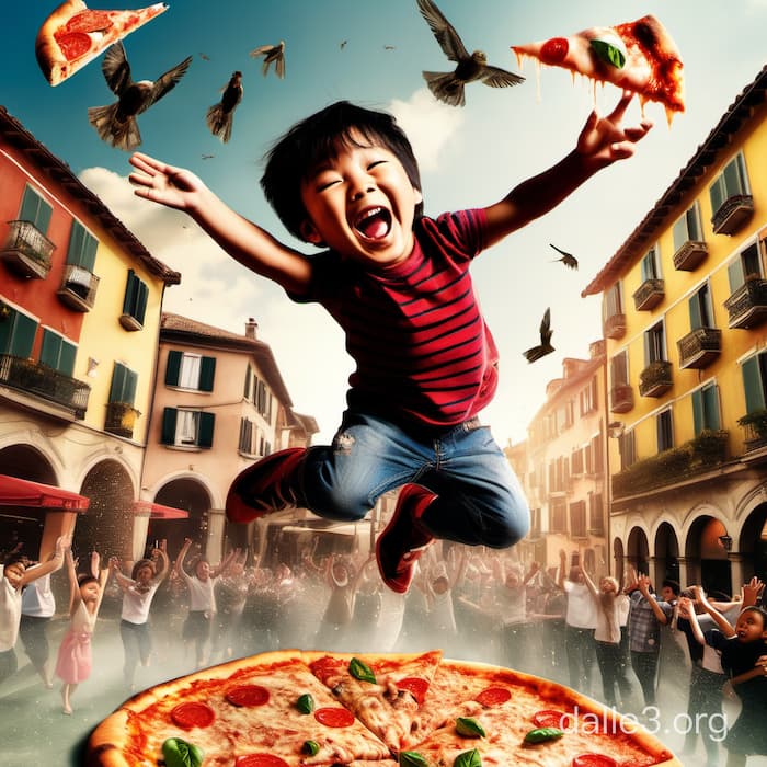 Dall-E3　ピザを後方宙返りをする子供